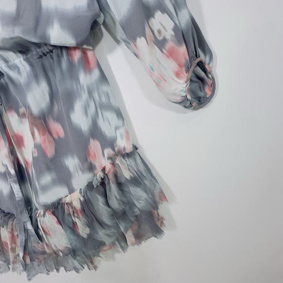 Rebecca Taylor Silk Floral Ruffle Hem Dress Gray Pink Tie Waist Long Sleeve 100% - Picture 6 of 15